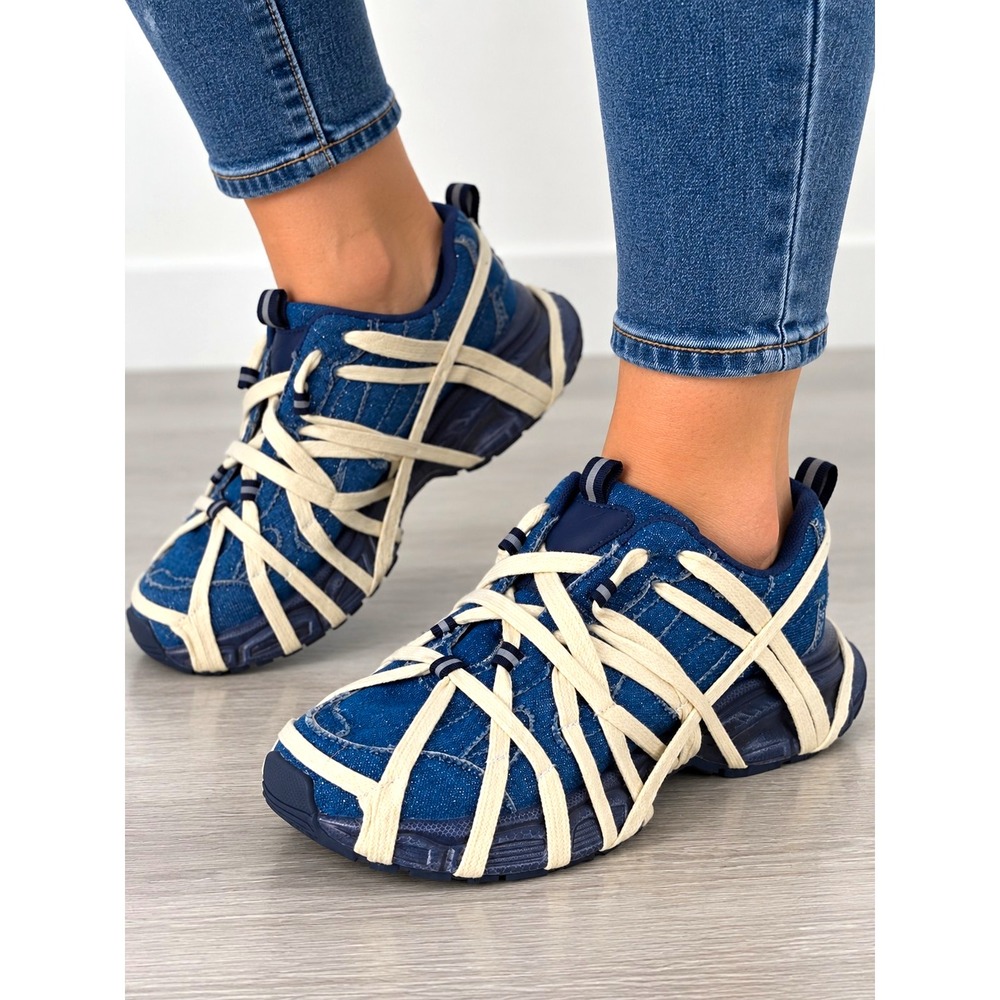 Azalea Wang Selie Denim Chunky Lace Sneakers Women's Size 10 Blue Cream